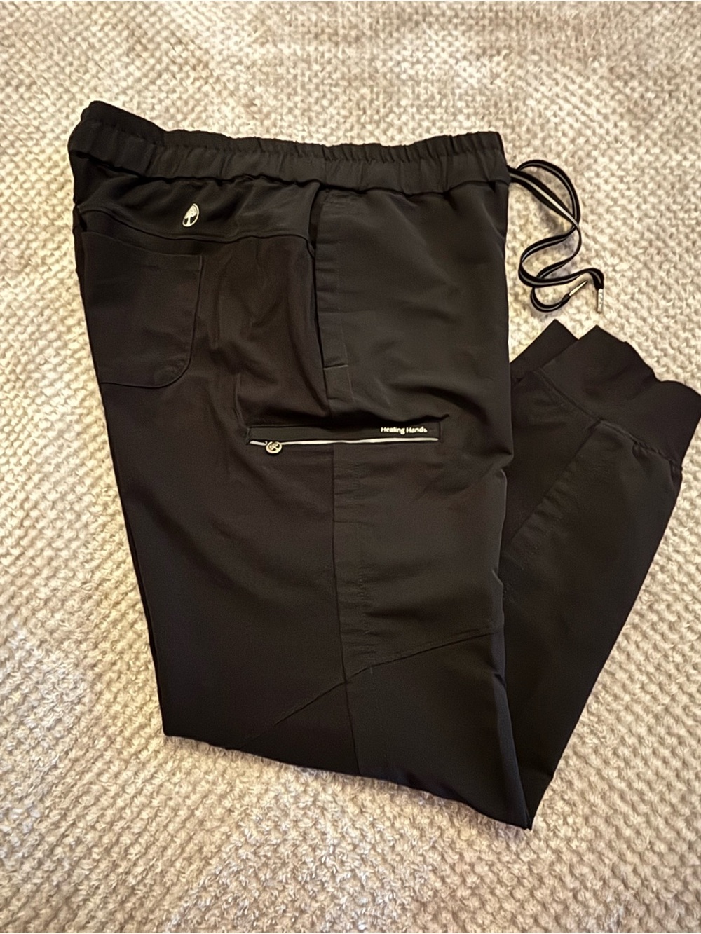 healing hands Black Women's Jogger Scrub Pants with Zip Pocket and Drawstring